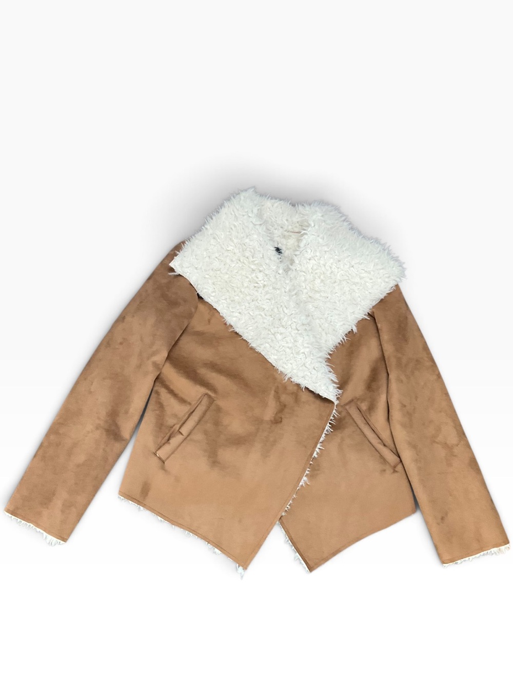 Me Jane Women’s Faux Suede Jacket Sherpa Interior Collar Tan Size Large EUC